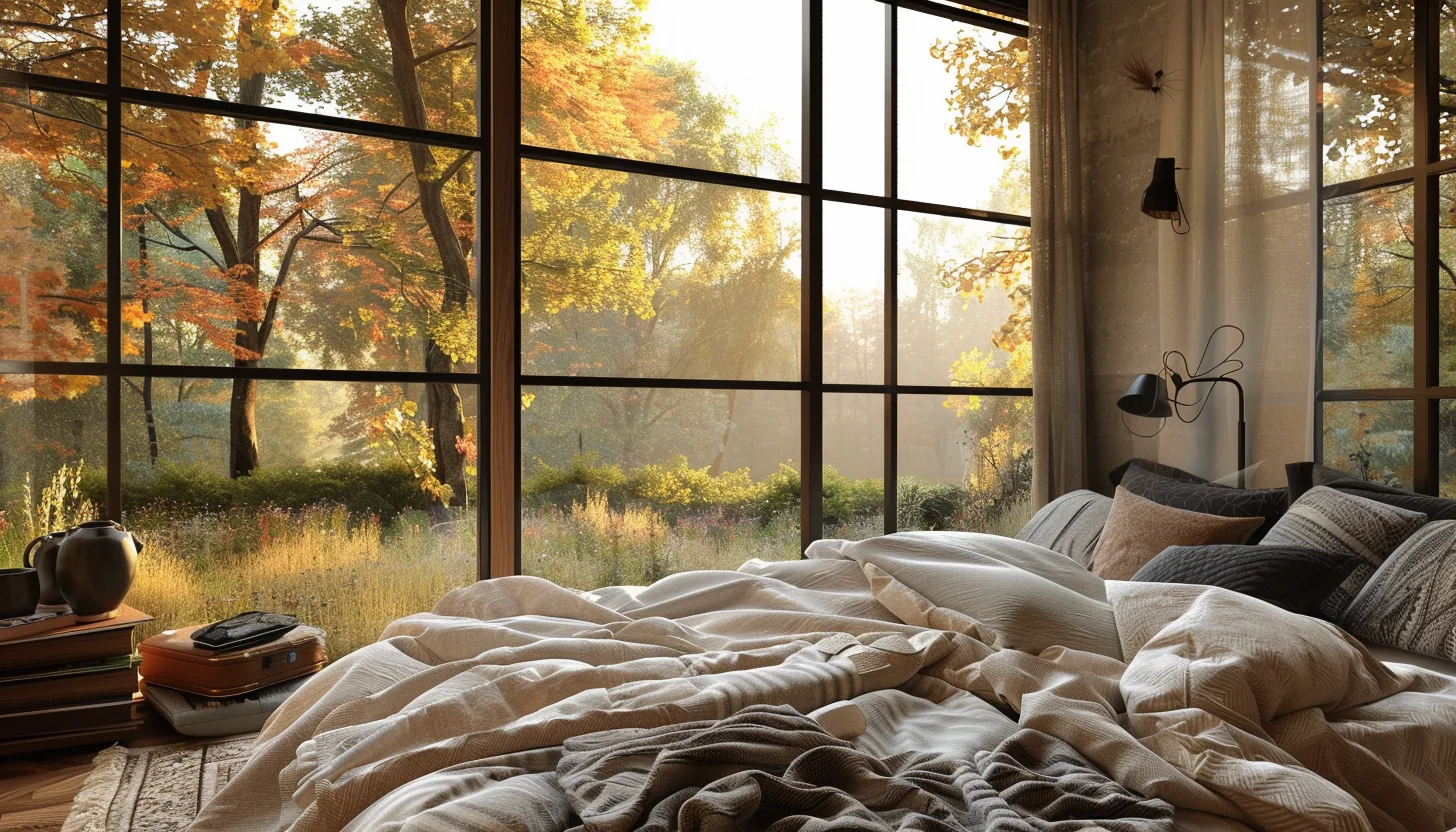 cozy bedroom with big windows