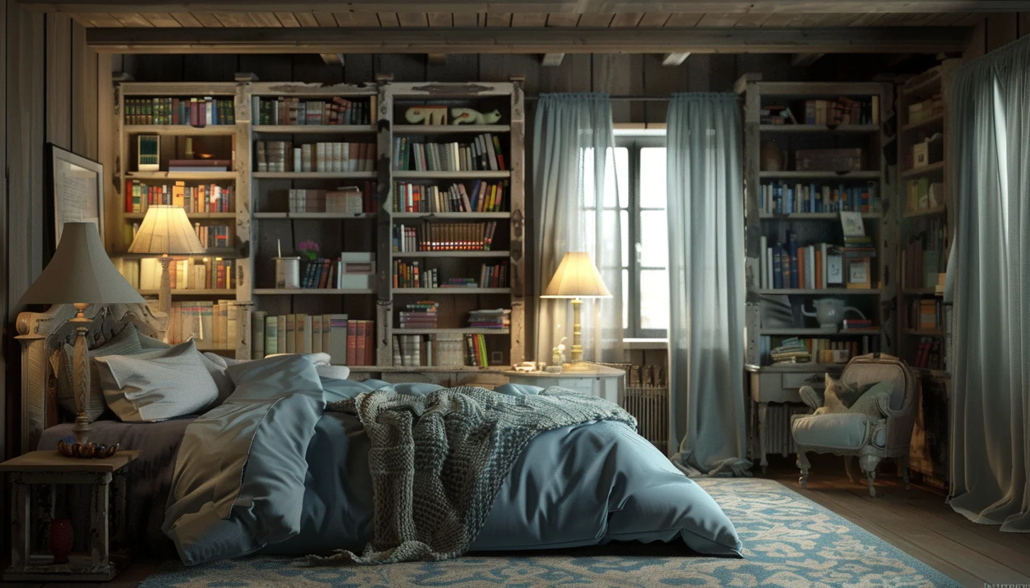 cozy bedroom with bookshelves