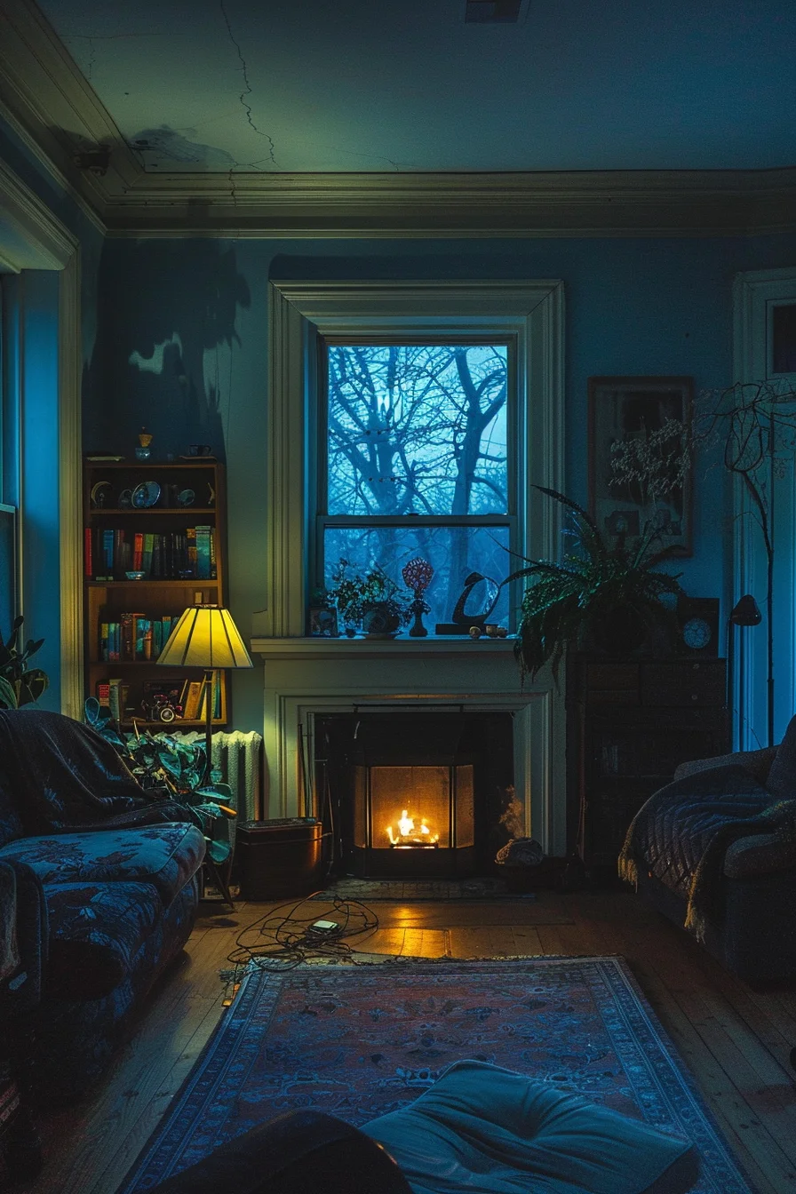 cozy living room at night