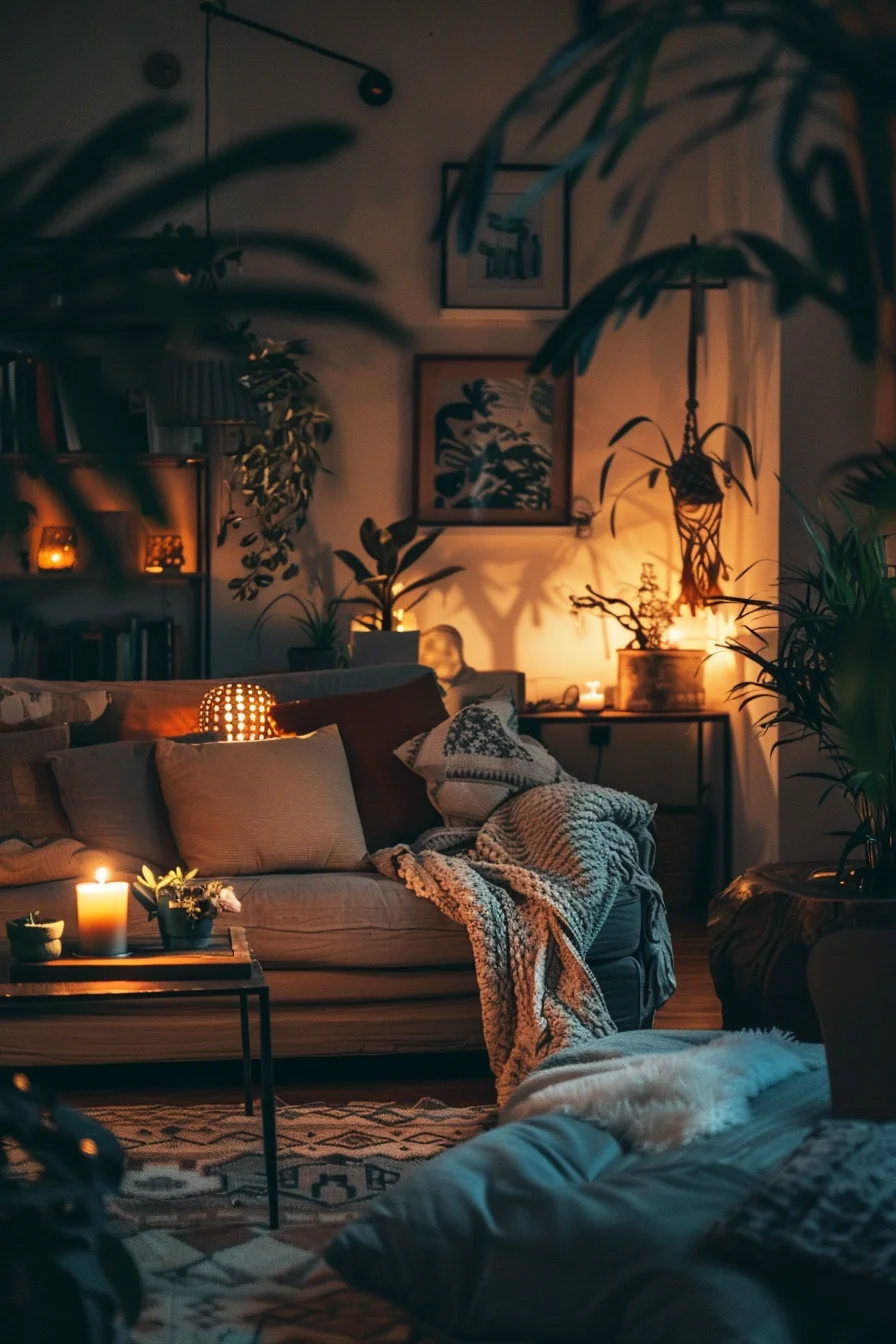 cozy living room at night