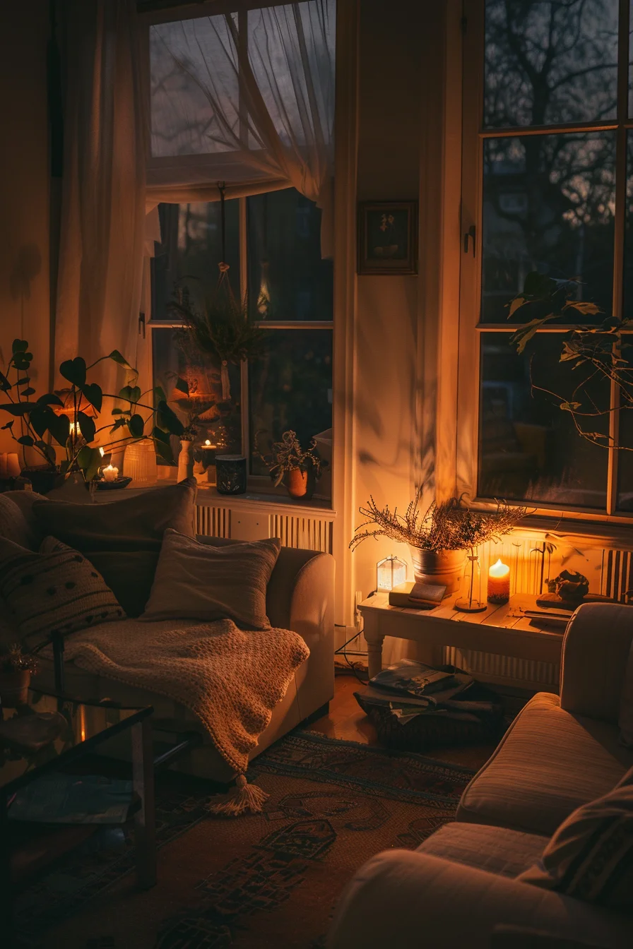 cozy living room at night