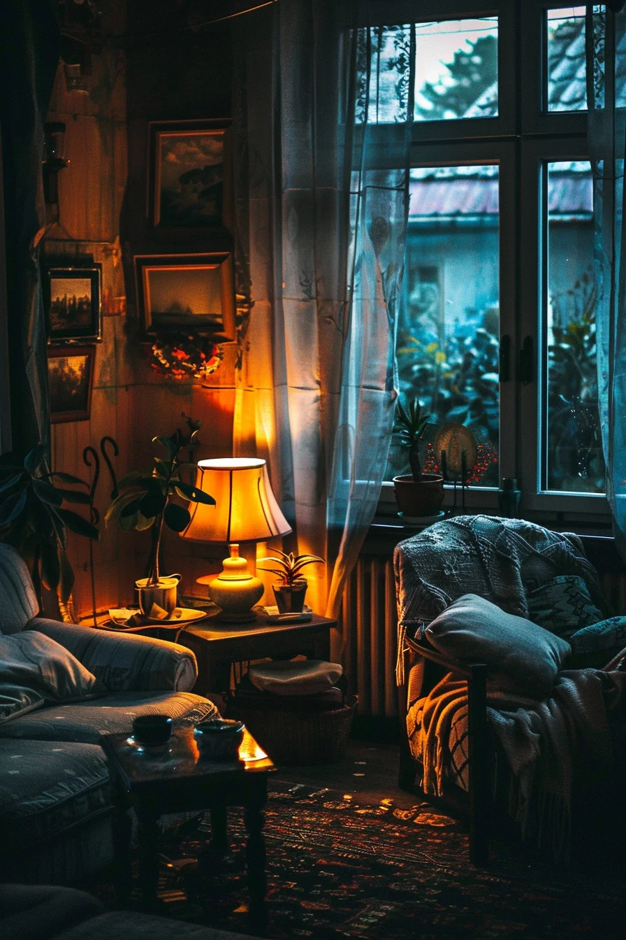 cozy living room at night