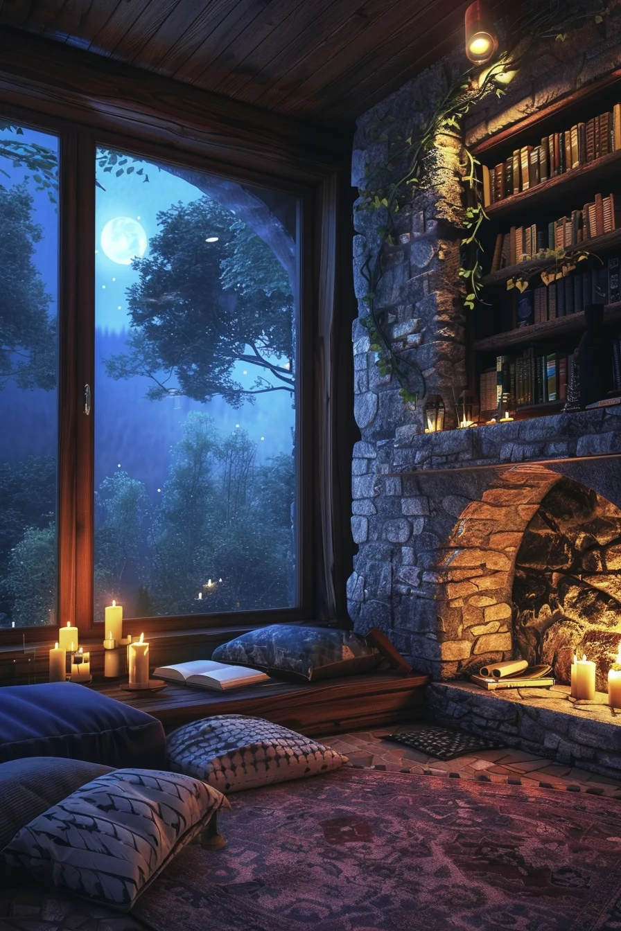 cozy living room at night