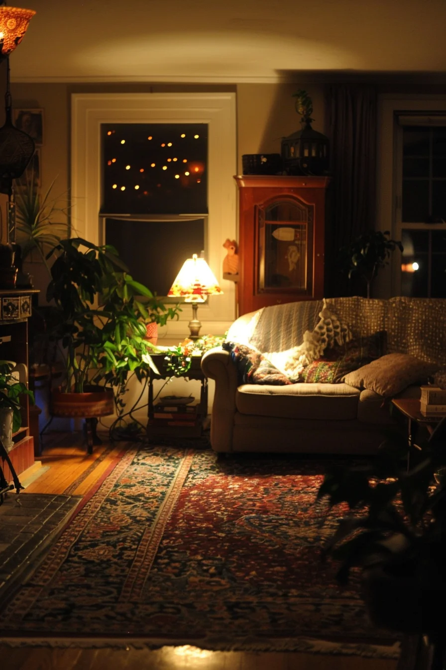 cozy living room at night