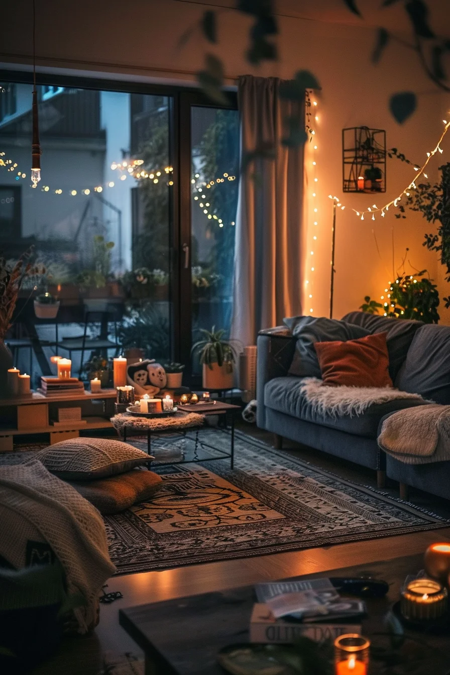 cozy living room at night