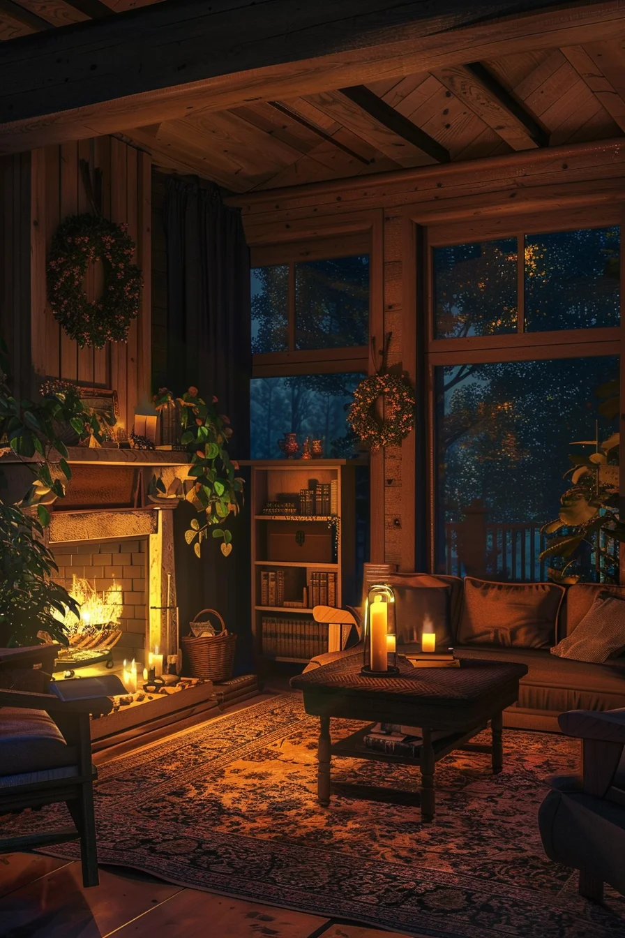 cozy living room at night