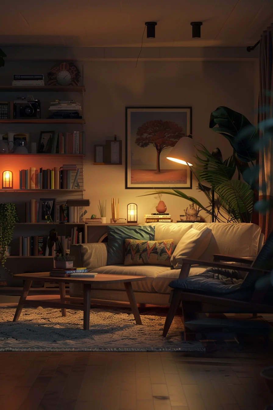 cozy living room at night