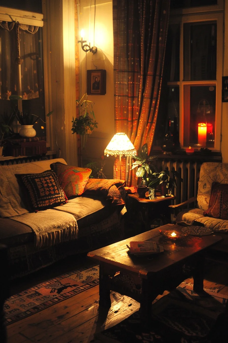 cozy living room at night